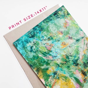 Floral abstract art print, 11x14 in, teal and green brushstroke design
