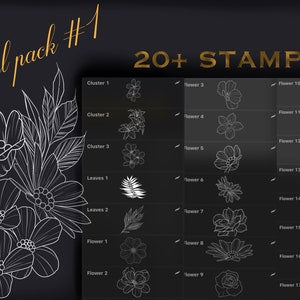 Procreate floral stamp set with 20 flower outline designs in line art