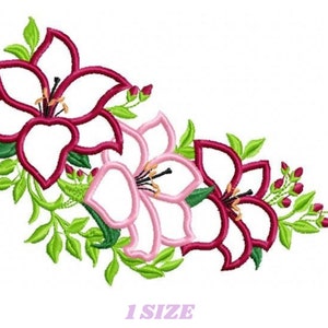 Floral embroidery design pattern with red rose and pink petal motifs, green leaves