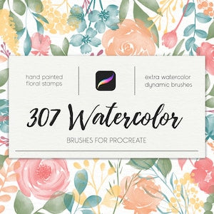 Digital watercolor brush set for Procreate with 307 brush title on white card