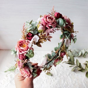 Floral hair crown with pale pink roses and greenery on rose-gold wire
