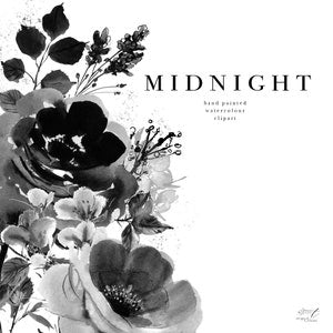 Watercolor floral clipart set with black and white blossoms and 'MIDNIGHT' text