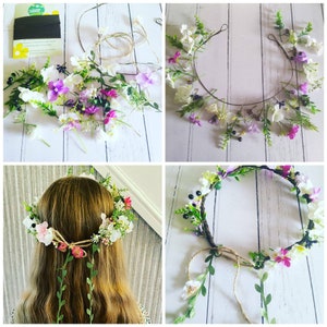 DIY floral crown garland with purple, pink, and green faux flowers on vine ring