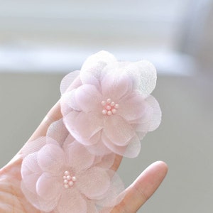 Light pink 3D flower lace applique with pearl beads, two-piece set