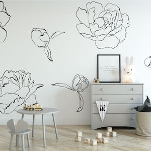 Removable floral wall decals with black line-art peony and buds for nursery