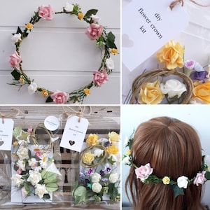 DIY flower crown wreath with pink and cream blossoms and green leaves