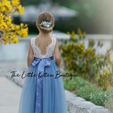 Ivory Flower Girl Dress, Junior Bridesmaid dress, lace flower girl dress, Rustic flower girl dress, Boho Flower Girl Dress, blue flower girl