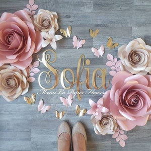 Digital paper flower template bundle with pastel roses and gold butterfly text 'Livia'