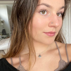 Silver flower nose stud (20 gauge) on a wearer’s nostril