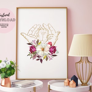Framed medical poster with hand-drawn floral bouquet and detailed hands illustration