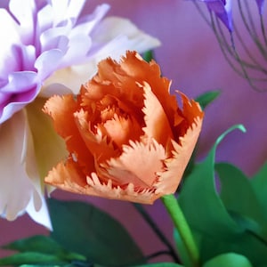Orange fringed tulip-style paper flower with layered petal crests and stems
