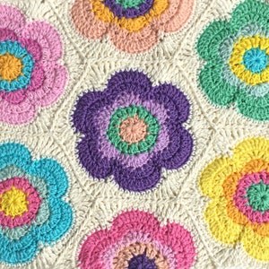 Crochet hexagon flower motif with colorful granny-square style flowers