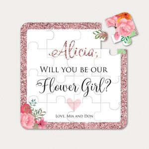 Rose gold glitter flower girl proposal puzzle with “Alicia” personalization