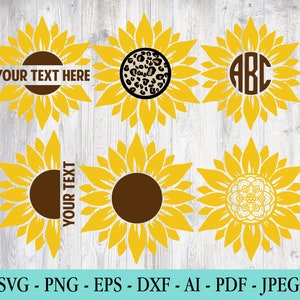 Sunflower SVG bundle with sunflower, monogram circle, and leopard-pattern medallion