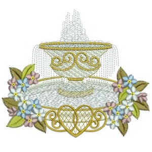 Embroidery motif with heart scrollwork, blue flowers, leaves, and a gold fountain bowl.