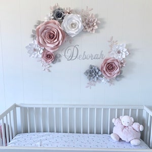 Pastel paper flower wall wreaths with roses and blossoms, with name "Deborah"