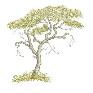 Acacia tree embroidery motif with light green foliage and detailed roots and branches