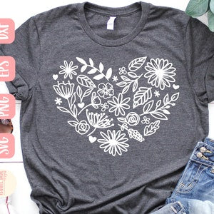 Dark gray T-shirt with white floral heart wreath design