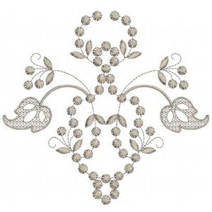Floral embroidery motif with dotted gray flowers, leaves, and two bird accents