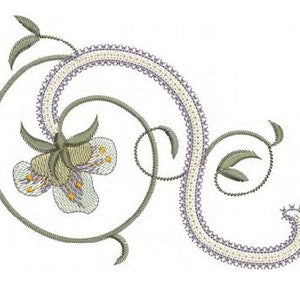 Embroidered azalea flower motif with swirling vines and decorative bead-like edging