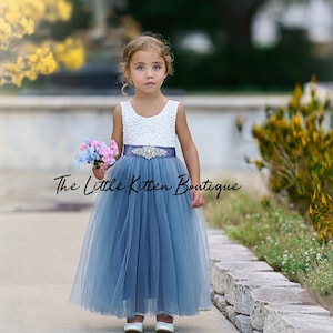 Blue tulle flower girl dress with lace bodice and sheer tulle skirt