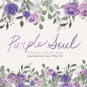 Watercolor violet rose bouquet clipart with purple roses and green leaves