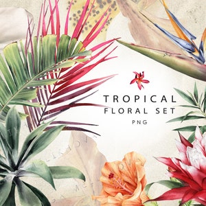 Watercolor tropical floral clipart set with flowers and palm leaves