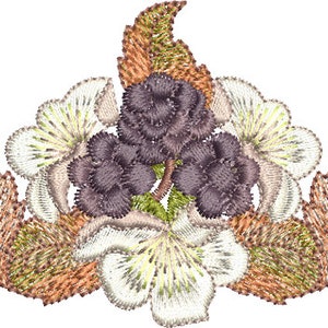 Embroidered floral motif applique with dark purple flowers, cream petals, gold trim