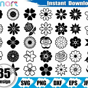 Flower SVG bundle with assorted black and white flower icons, clipart vector set