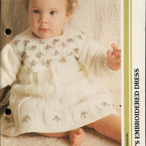 Baby's Floral Embroidered Dress - Lazy Daisy & French Knot - Sizes 6 m to 3 yrs -Vintage - Knitting Pattern Only - PDF - Digital Delivery