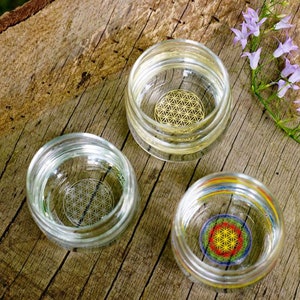 Drinking glasses with Flower of Life pattern, clear glass tumblers