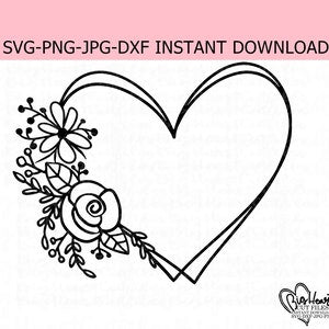 Floral heart wreath monogram frame SVG, black line-art heart with flowers