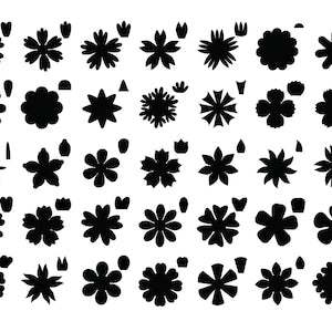 Assorted paper flower template silhouettes, black flower cutout icons