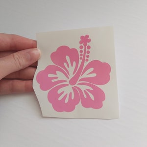 Pink hibiscus flower vinyl car decal sticker with small tropical blossom accents