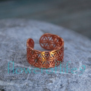 Copper flower of life ring with geometric openwork band