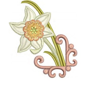 Embroidered daffodil motif with white petals, orange center, green leaves, peach scroll accents