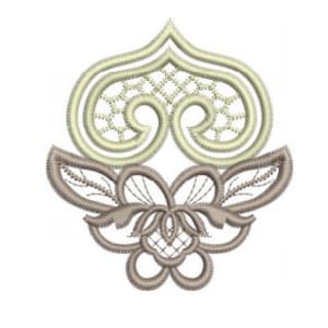 Cutwork flower embroidery motif by Sue Box, cream and taupe floral lace design