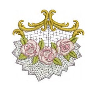 Embroidered flower bouquet motif with pink blooms, green leaves, and gold scroll top