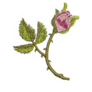 Embroidered rose bud motif patch with pink flower and green leaves