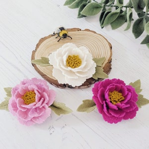 Felt flower hair clip set with pink peony blooms and green leaf accents