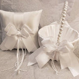 Flower Girl Basket and Ring Bearer Pillow White Wedding Decor, White Pearl Basket Pillow set