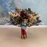 Fall sola flower wedding bouquet, burgundy blush pink burnt orange, dried flower autumn bouquet, preserved eucalyptus greenery skeleton leaf