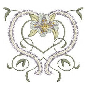 Embroidered heart motif with gray-blue flower and dotted frame, green ribbon accents