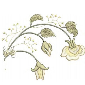Rose and leaf embroidery motif with small flower accents, decorative stitched design