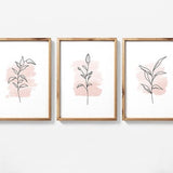 3 Piece Flower Line Drawing Triptych Featuring Pastel Pink Watercolor Splash, Botanical Line Art Set of 3 Prints, Digital Wall Art Set