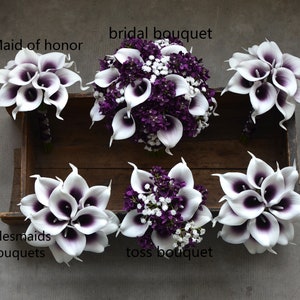 Purple and white silk calla lily wedding bouquet with dark purple accents