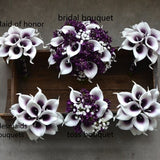 Calla Lilies Wedding Package-Picasso Purple Calla Lilies Silk Bridal Bouquet Real Touch Flowers PU Real Touch Roses