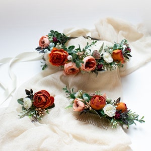 Boho floral hair crown with burnt orange and peach roses, greenery, and white accents