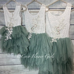 Sage green boho tutu flower girl dress with lace bodice and appliques