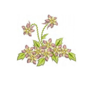 Floral embroidery design by Sue Box with pastel blossoms and green leaves